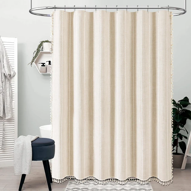 Alt view image 2 of 7 - Cream Boho Farmhouse Linen Heavy Duty Shower Curtain Set, 72x72, Beige | 330GSM Linen Blend, Water Repellent, Vintage Striped Fabric, 12 Plastic Hooks, Rustic Country, Machine Washable, for Bathroom