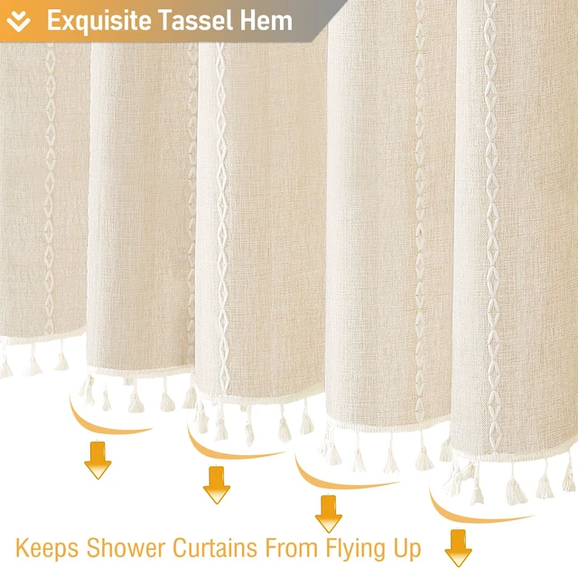 Alt view image 6 of 7 - Cream Boho Farmhouse Linen Heavy Duty Shower Curtain Set, 72x72, Beige | 330GSM Linen Blend, Water Repellent, Vintage Striped Fabric, 12 Plastic Hooks, Rustic Country, Machine Washable, for Bathroom
