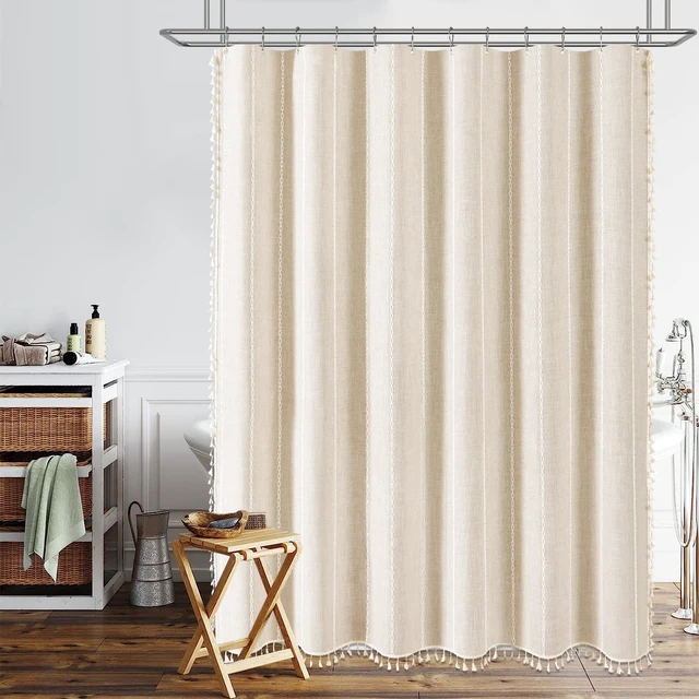 Alt view image 7 of 7 - Cream Boho Farmhouse Linen Heavy Duty Shower Curtain Set, 72x72, Beige | 330GSM Linen Blend, Water Repellent, Vintage Striped Fabric, 12 Plastic Hooks, Rustic Country, Machine Washable, for Bathroom
