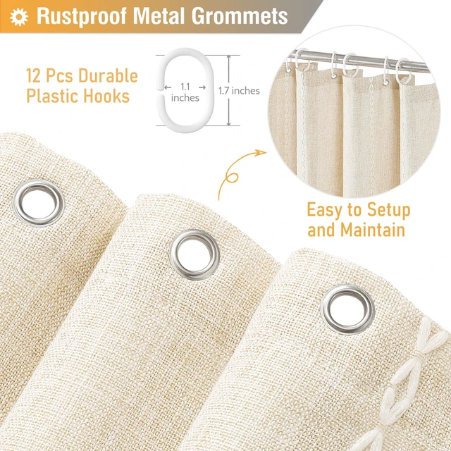 Alt view image 5 of 7 - Cream Boho Farmhouse Linen Heavy Duty Shower Curtain Set, 72x72, Beige | 330GSM Linen Blend, Water Repellent, Vintage Striped Fabric, 12 Plastic Hooks, Rustic Country, Machine Washable, for Bathroom