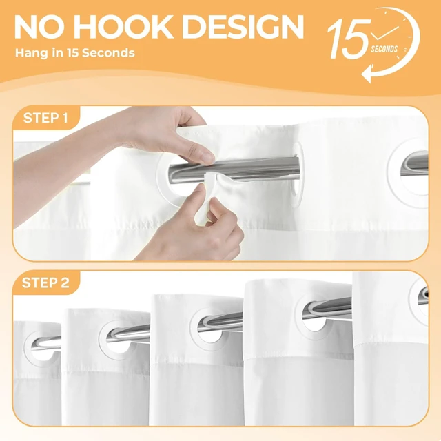 Alt view image 2 of 7 - White No Hook Fabric Shower Curtain or Liner with Sheer Window | No Liner Included or Needed, One-Piece Design, Hotel-Quality Material for Bathroom, Water Repellent, Machine Washable, 71x74