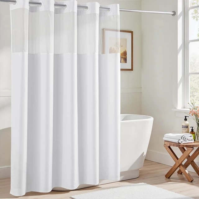 Alt view image 7 of 7 - White No Hook Fabric Shower Curtain or Liner with Sheer Window | No Liner Included or Needed, One-Piece Design, Hotel-Quality Material for Bathroom, Water Repellent, Machine Washable, 71x74
