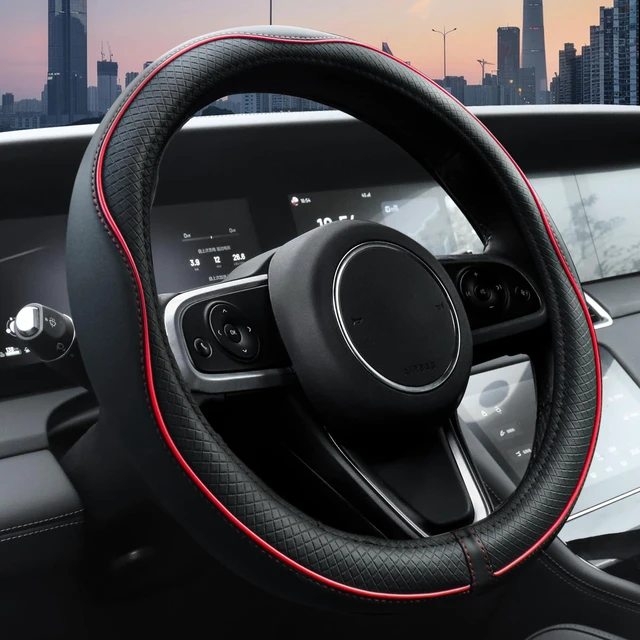 Main image of Car Steering Wheel Cover, Microfiber Leather Steering Wheel Covers with Anti-Slip Lining, Universal 14.5-15 inchs Black with Red line