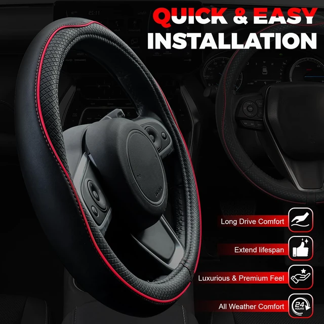 Alt view image 4 of 7 - Car Steering Wheel Cover, Microfiber Leather Steering Wheel Covers with Anti-Slip Lining, Universal 14.5-15 inchs Black with Red line