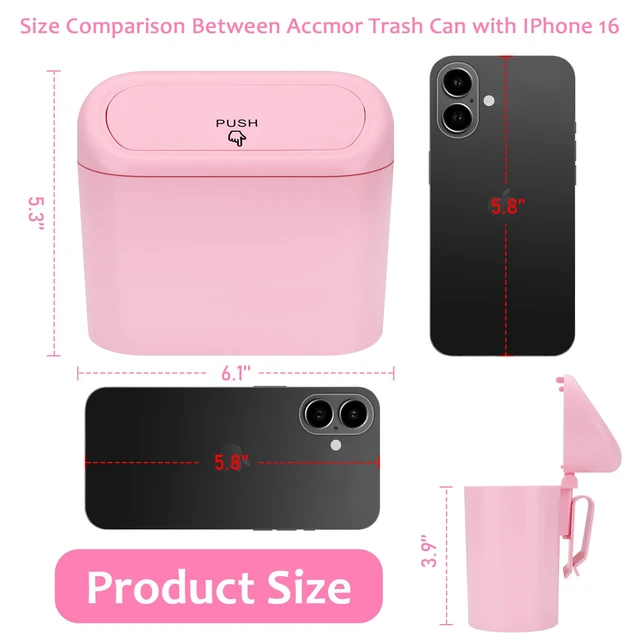 Alt view image 2 of 7 - Car Trash Can with Lid, Vehicle Trash Bin Car Dustbin Garbage Organizer Holder with One Roll Trash Bag, Portable Hanging Mini Leakproof Cars Storage Bag Container for Auto, SUV, Office (Pink)