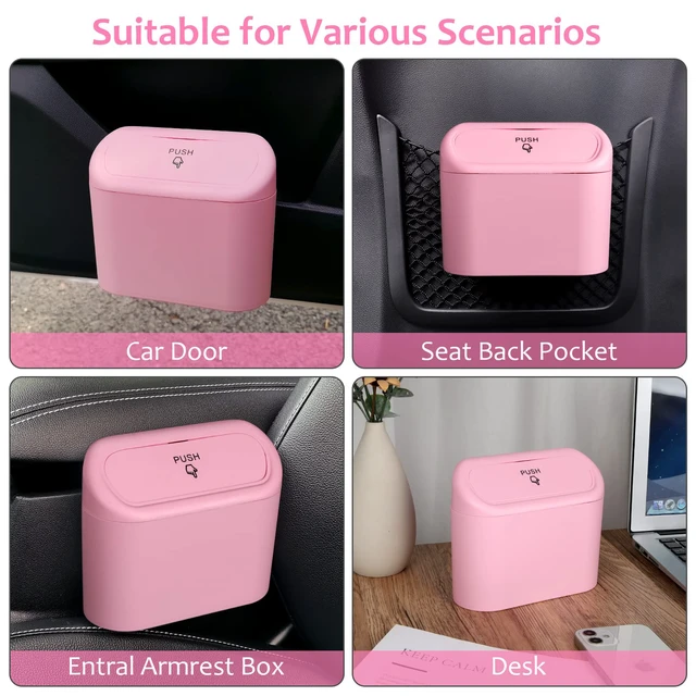 Alt view image 5 of 7 - Car Trash Can with Lid, Vehicle Trash Bin Car Dustbin Garbage Organizer Holder with One Roll Trash Bag, Portable Hanging Mini Leakproof Cars Storage Bag Container for Auto, SUV, Office (Pink)