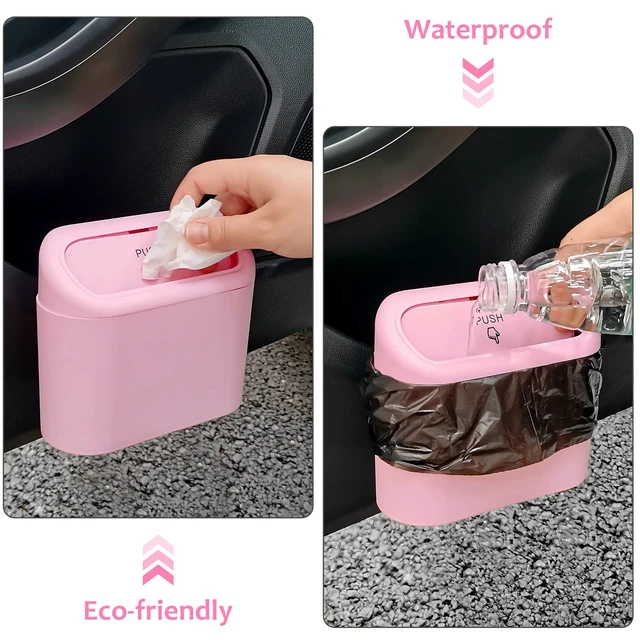 Alt view image 6 of 7 - Car Trash Can with Lid, Vehicle Trash Bin Car Dustbin Garbage Organizer Holder with One Roll Trash Bag, Portable Hanging Mini Leakproof Cars Storage Bag Container for Auto, SUV, Office (Pink)