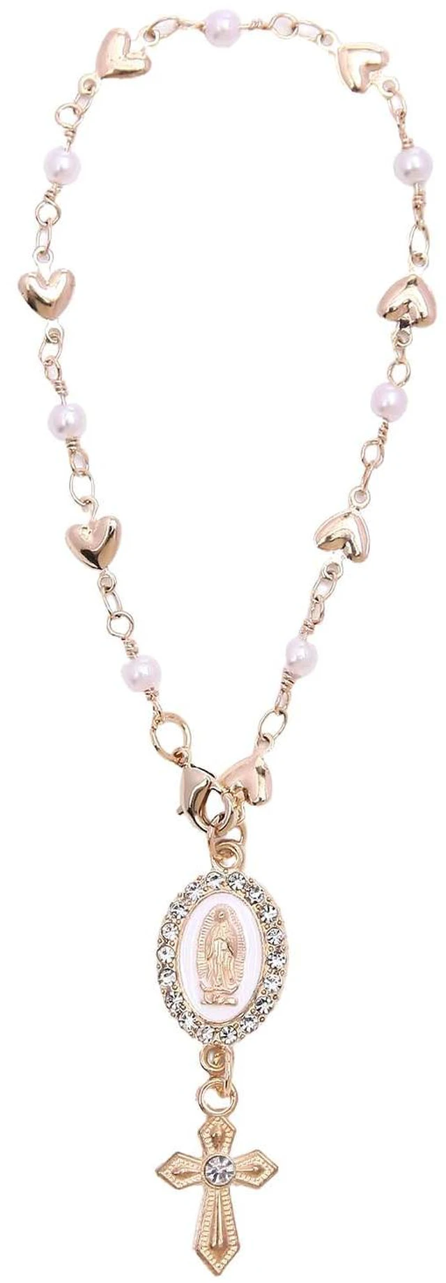 Main image of Steering Wheel Rosary Charm, Steering Wheel Accessory with Virgin Mary Charm & Cross, Pearl Heart Chain Catholic Car Interior Hanging Decor (White)