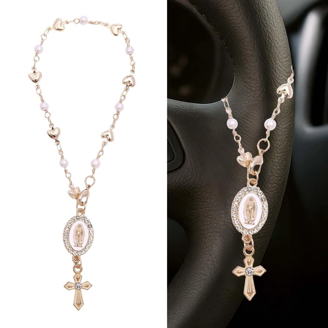 Alt view image 2 of 7 - Steering Wheel Rosary Charm, Steering Wheel Accessory with Virgin Mary Charm & Cross, Pearl Heart Chain Catholic Car Interior Hanging Decor (White)