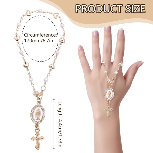 Alt view image 3 of 7 - Steering Wheel Rosary Charm, Steering Wheel Accessory with Virgin Mary Charm & Cross, Pearl Heart Chain Catholic Car Interior Hanging Decor (White)