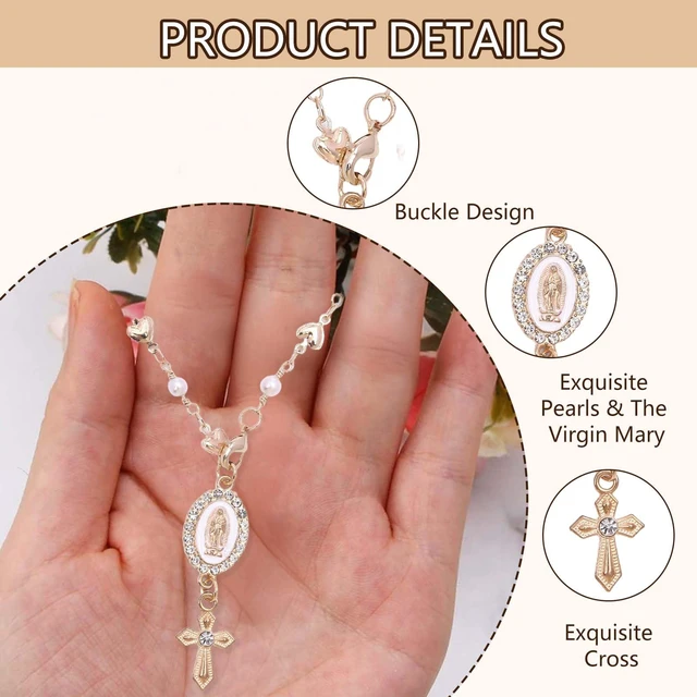 Alt view image 4 of 7 - Steering Wheel Rosary Charm, Steering Wheel Accessory with Virgin Mary Charm & Cross, Pearl Heart Chain Catholic Car Interior Hanging Decor (White)