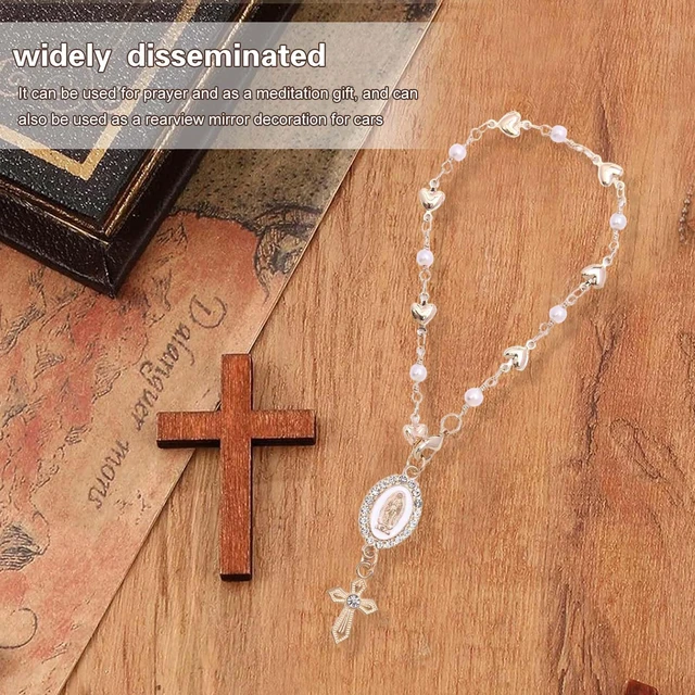 Alt view image 5 of 7 - Steering Wheel Rosary Charm, Steering Wheel Accessory with Virgin Mary Charm & Cross, Pearl Heart Chain Catholic Car Interior Hanging Decor (White)