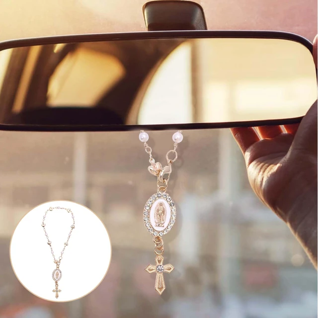 Alt view image 7 of 7 - Steering Wheel Rosary Charm, Steering Wheel Accessory with Virgin Mary Charm & Cross, Pearl Heart Chain Catholic Car Interior Hanging Decor (White)
