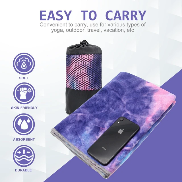 Alt view image 6 of 7 - Yoga Towel,Hot Yoga Mat Towel with Grip Dots Sweat Absorbent Non-Slip for Hot Yoga, Pilates and Workout 24" x72", Purple & Blue