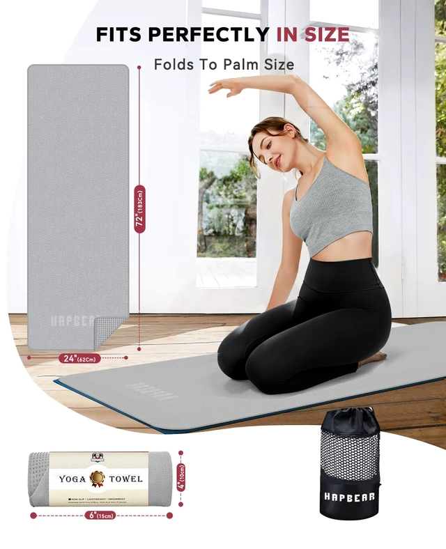 Alt view image 2 of 6 - Non Slip Yoga Mat Towel with Grip Dots, 72" x 24" Hot Yoga Towel - Super Absorbent Microfiber Yoga Towel for Hot Yoga, Bikram, Pilates and Gym Workout - Grey
