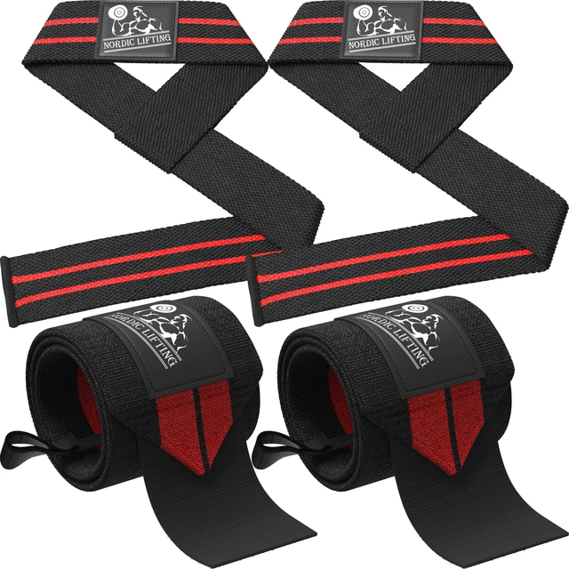 Main image of Wrist Wraps + Lifting Straps Bundle (2 Pairs) for Weightlifting, Cross Training, Workout, Gym, Powerlifting, Bodybuilding-Support for Women & Men,Avoid Injury during Weight Lifting-Red