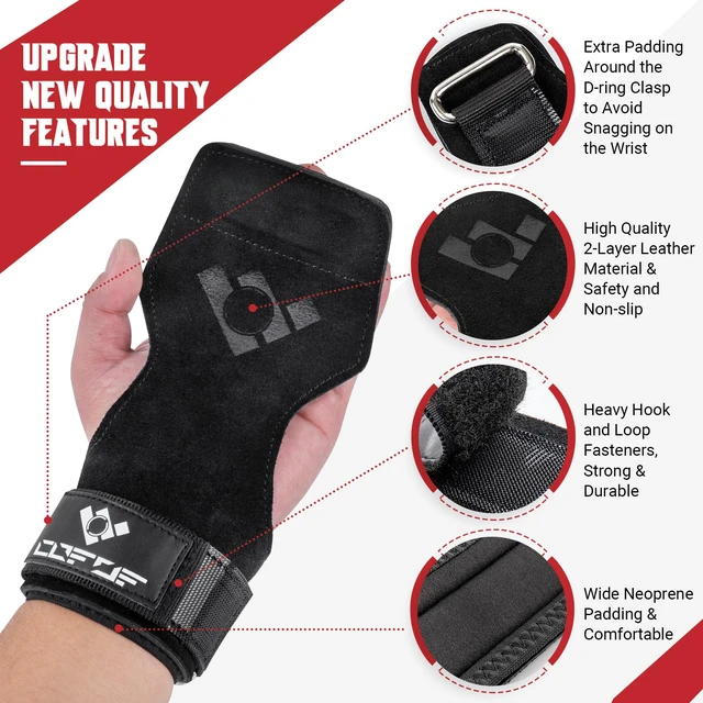 Alt view image 2 of 7 - Weight Lifting Wrist Strap, Double-Layer Leather for Deadlift Powerlifting | Gym Strap with Adjustable Neoprene Padded Fit for 6.3"8" Wrist, 8.07" Leather Strap, Gym Workout Lifting Hook (Pair)
