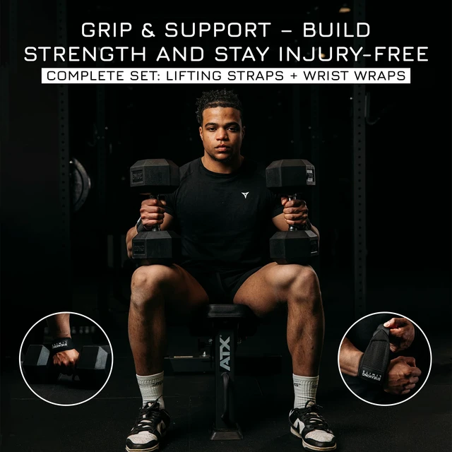 Alt view image 2 of 7 - Set of Lifting Straps & Wrist Wraps - 2 Wrist Bandages, 2 Lifting Aids - Strength Training, Weight Lifting, Bodybuilding, Lift Training, Powerlifting, One Size | (Black)