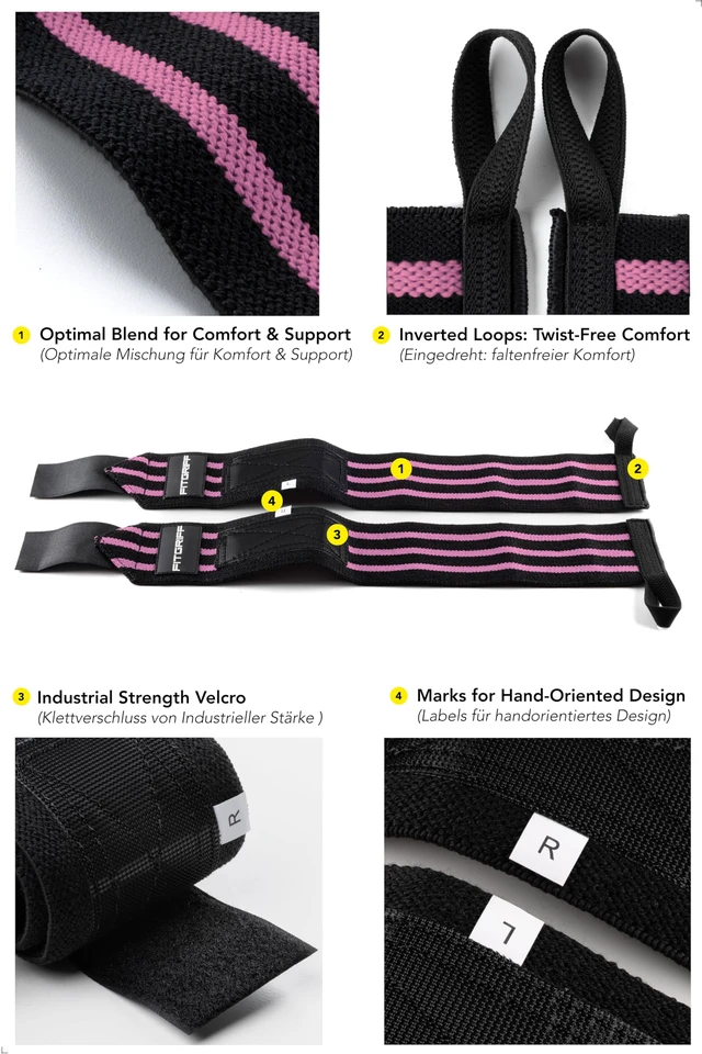 Alt view image 3 of 6 - Wrist Wraps for Weightlifting (18") Heavy-Duty Support for Gym, Bench Press, and Pushups (1 Pair) - for Men and Women (Black/Pink)
