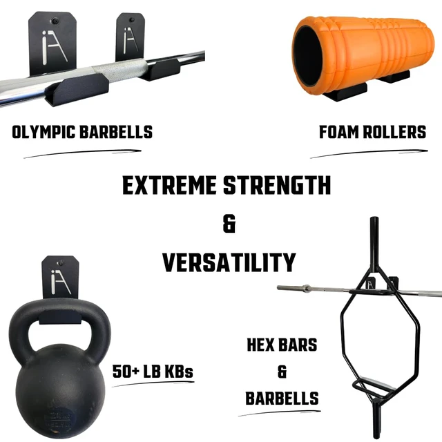 Alt view image 3 of 5 - Multi-Use Weight Bench Brackets - Heavy-Duty Gym Storage Wall Mounted Rack - Hang Benches, Rowing Machines, Hex Bars, Barbells 100lb Capacity - Hardware Included Made in USA