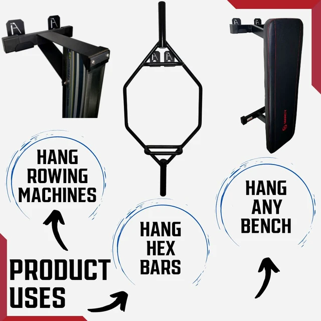 Alt view image 4 of 5 - Multi-Use Weight Bench Brackets - Heavy-Duty Gym Storage Wall Mounted Rack - Hang Benches, Rowing Machines, Hex Bars, Barbells 100lb Capacity - Hardware Included Made in USA