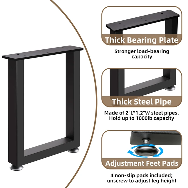 Alt view image 4 of 7 - 16" Metal Bench, Desk & Coffee Table Legs, Heavy Duty Furniture Feet with Adjustable Protectors, Black End & Side Table Legs (H16 x W11.8, Set of 2)