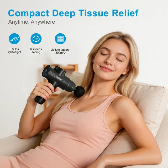 Alt view image 2 of 7 - Massage Gun Deep Tissue, Mini Muscle Massager Gun for Pain Relief | Electric Back Massager for Athletes with 8 Massage Heads and 6 Speeds 1800mAh Portable Gift for Men Women Dad Mom