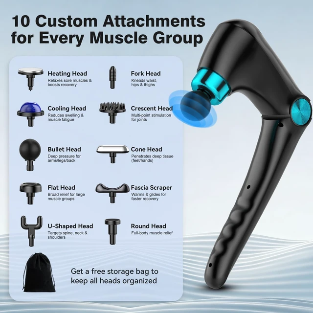 Alt view image 3 of 7 - Foldable Heat Cold Massage Gun, 9 Speeds 10 Heads Cordless Handheld Percussion Massagers, Portable Electric Muscle Pain Relief Massager Gifts for Men Women Dad