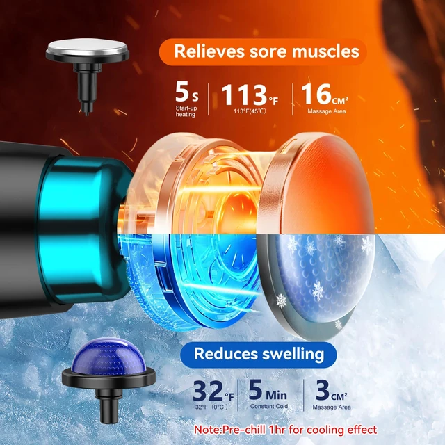 Alt view image 2 of 7 - Foldable Heat Cold Massage Gun, 9 Speeds 10 Heads Cordless Handheld Percussion Massagers, Portable Electric Muscle Pain Relief Massager Gifts for Men Women Dad