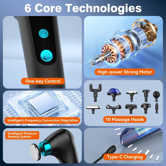 Alt view image 5 of 7 - Foldable Heat Cold Massage Gun, 9 Speeds 10 Heads Cordless Handheld Percussion Massagers, Portable Electric Muscle Pain Relief Massager Gifts for Men Women Dad
