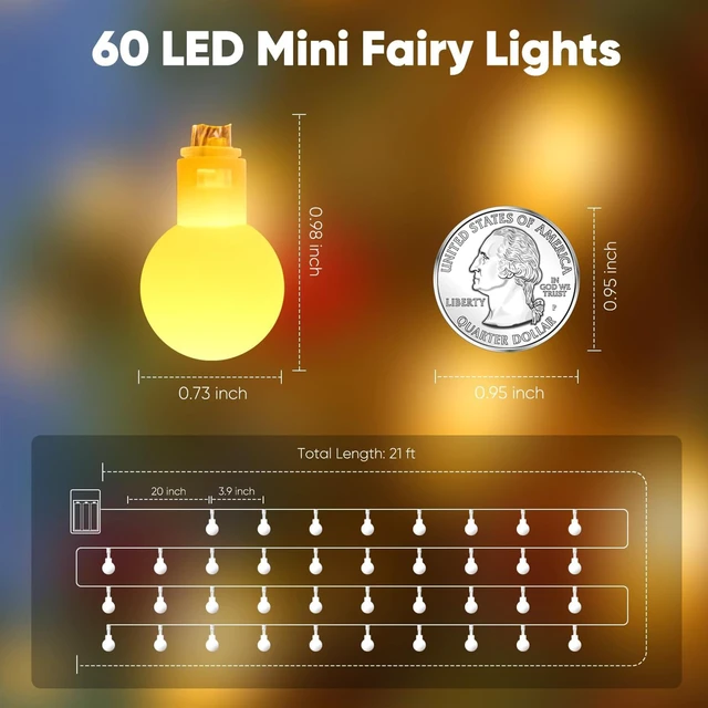 Alt view image 2 of 7 - Battery Operated String Lights, 21FT 60 LED Globe Classroom Lights | 8 Modes & Waterproof Twinkle Lights, Fairy Lights for Indoor Outdoor Bedroom Classroom Camping Christmas Decor, Warm White