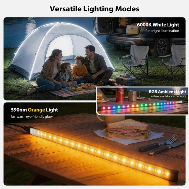 Alt view image 2 of 7 - 2PCS Flexible Waterproof LED Camping Light Strip with SOS Mode, RGB Ambient Lighting, 5V Power Supply, Portable Soft Easy to Store for Outdoor Activities, Camping, Hiking, Fishing (White)
