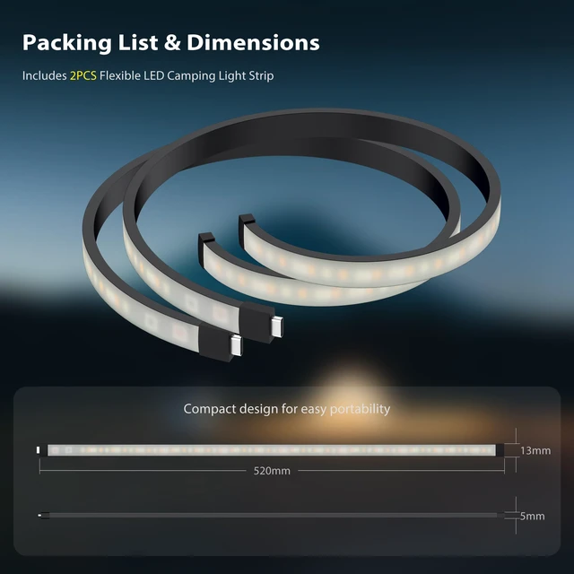 Alt view image 7 of 7 - 2PCS Flexible Waterproof LED Camping Light Strip with SOS Mode, RGB Ambient Lighting, 5V Power Supply, Portable Soft Easy to Store for Outdoor Activities, Camping, Hiking, Fishing (White)
