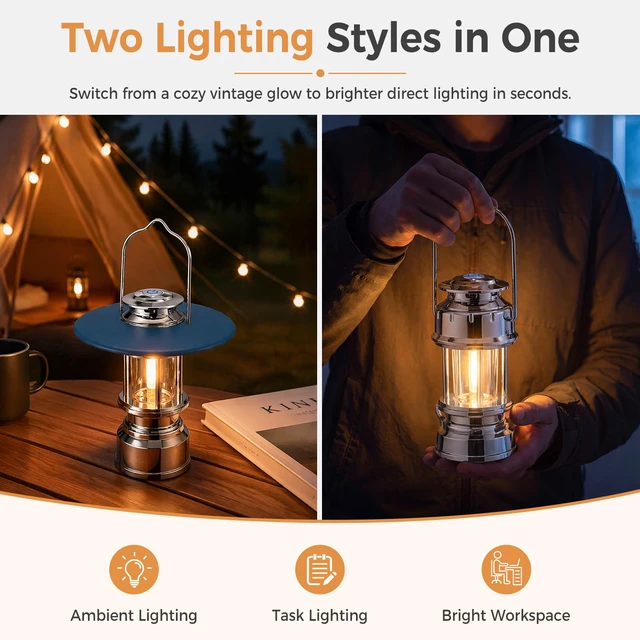 Alt view image 2 of 7 - Retro Camping Lantern, Rechargeable Portable Ambient Light | Rechargeable lantern with 3 colors, stepless dimming, detachable lampshade, USB-C charging, lightweight 199g design.