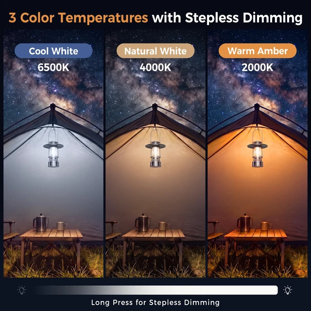 Alt view image 3 of 7 - Retro Camping Lantern, Rechargeable Portable Ambient Light | Rechargeable lantern with 3 colors, stepless dimming, detachable lampshade, USB-C charging, lightweight 199g design.