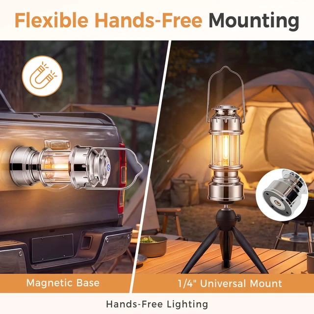 Alt view image 4 of 7 - Retro Camping Lantern, Rechargeable Portable Ambient Light | Rechargeable lantern with 3 colors, stepless dimming, detachable lampshade, USB-C charging, lightweight 199g design.