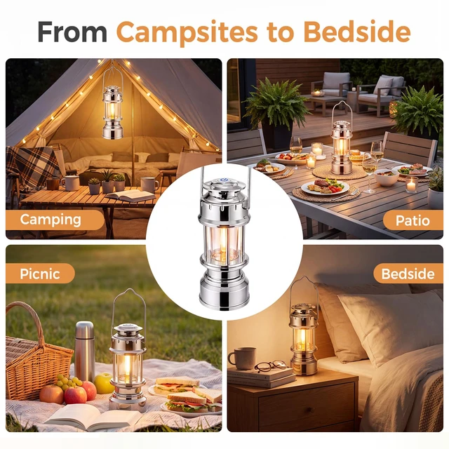 Alt view image 5 of 7 - Retro Camping Lantern, Rechargeable Portable Ambient Light | Rechargeable lantern with 3 colors, stepless dimming, detachable lampshade, USB-C charging, lightweight 199g design.