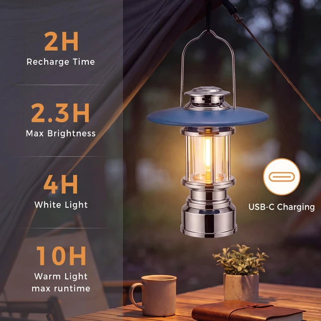 Alt view image 7 of 7 - Retro Camping Lantern, Rechargeable Portable Ambient Light | Rechargeable lantern with 3 colors, stepless dimming, detachable lampshade, USB-C charging, lightweight 199g design.