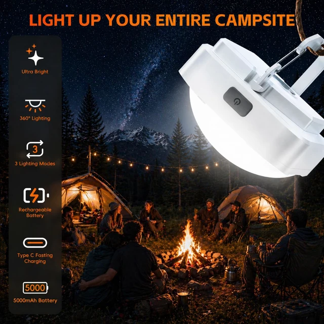 Alt view image 4 of 7 - 2 Pack Rechargeable LED Camping Light Lantern: 5000mAh Battery Powered Tent Light with Magnet - Camping Essential Waterproof Flashlight for Hiking Power Outage Emergency Survival Backpacking Hurricane