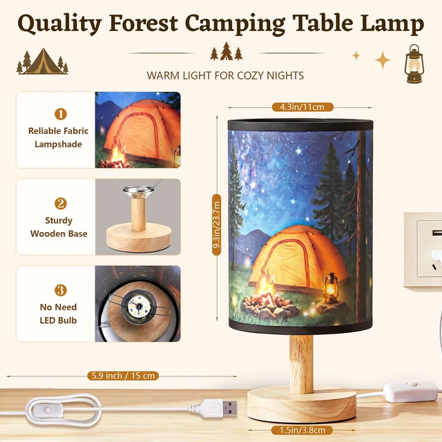Alt view image 2 of 6 - Forest Campfire Table Lamp, USB Plug-in Camping Night Light with Fabric Shade & Wood Base, Woodland Tent Bedside Lamp for Bedroom Living Room Cabin Campsite Party Decor