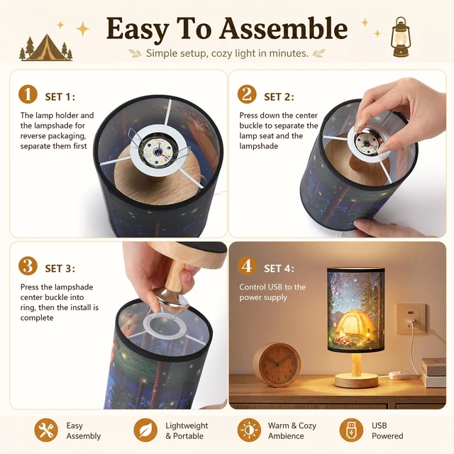 Alt view image 3 of 6 - Forest Campfire Table Lamp, USB Plug-in Camping Night Light with Fabric Shade & Wood Base, Woodland Tent Bedside Lamp for Bedroom Living Room Cabin Campsite Party Decor