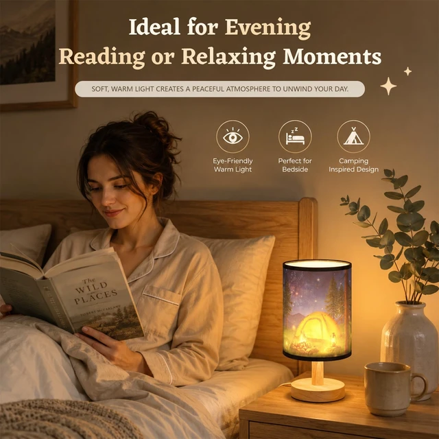Alt view image 4 of 6 - Forest Campfire Table Lamp, USB Plug-in Camping Night Light with Fabric Shade & Wood Base, Woodland Tent Bedside Lamp for Bedroom Living Room Cabin Campsite Party Decor