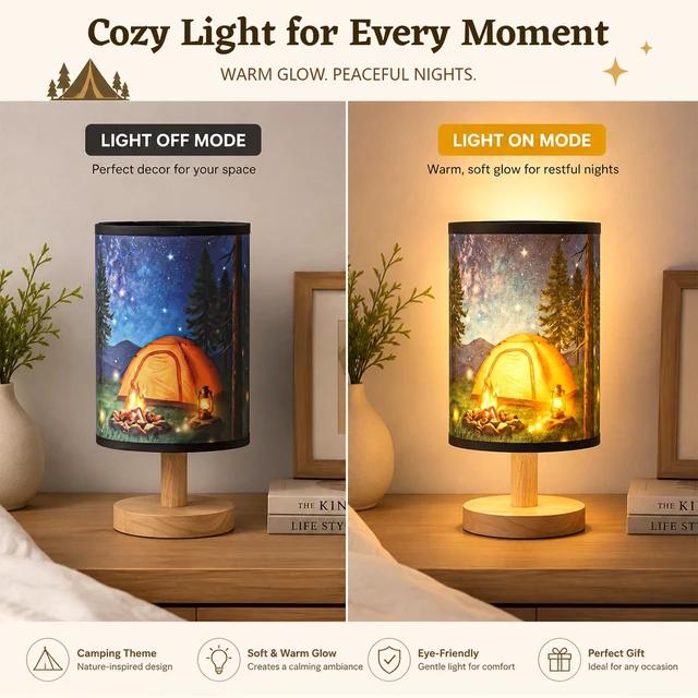 Alt view image 5 of 6 - Forest Campfire Table Lamp, USB Plug-in Camping Night Light with Fabric Shade & Wood Base, Woodland Tent Bedside Lamp for Bedroom Living Room Cabin Campsite Party Decor