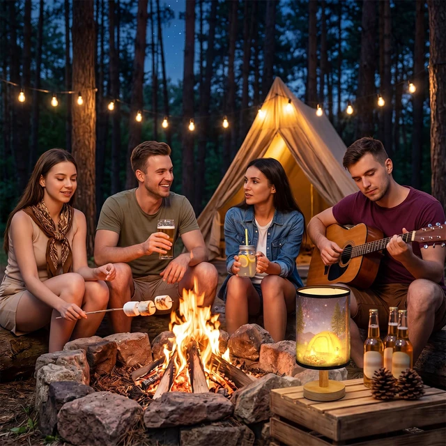 Alt view image 6 of 6 - Forest Campfire Table Lamp, USB Plug-in Camping Night Light with Fabric Shade & Wood Base, Woodland Tent Bedside Lamp for Bedroom Living Room Cabin Campsite Party Decor