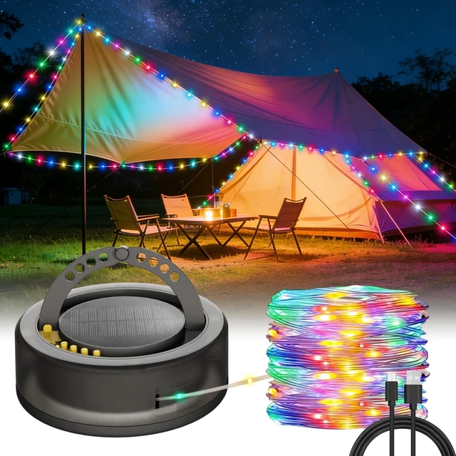 Main image of 4 in 1 Solar Camping String Lights, 5200mAh 33FT RGB Fairy String Light, Waterproof Hanging String Lights with 9 Lighting Modes, USB-C Rechargeable Tent Lantern, Camping Essentials