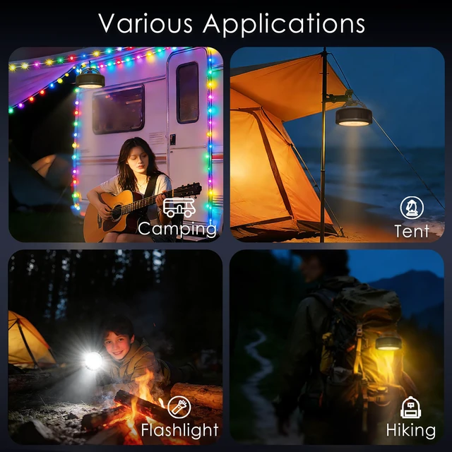 Alt view image 6 of 7 - 4 in 1 Solar Camping String Lights, 5200mAh 33FT RGB Fairy String Light, Waterproof Hanging String Lights with 9 Lighting Modes, USB-C Rechargeable Tent Lantern, Camping Essentials