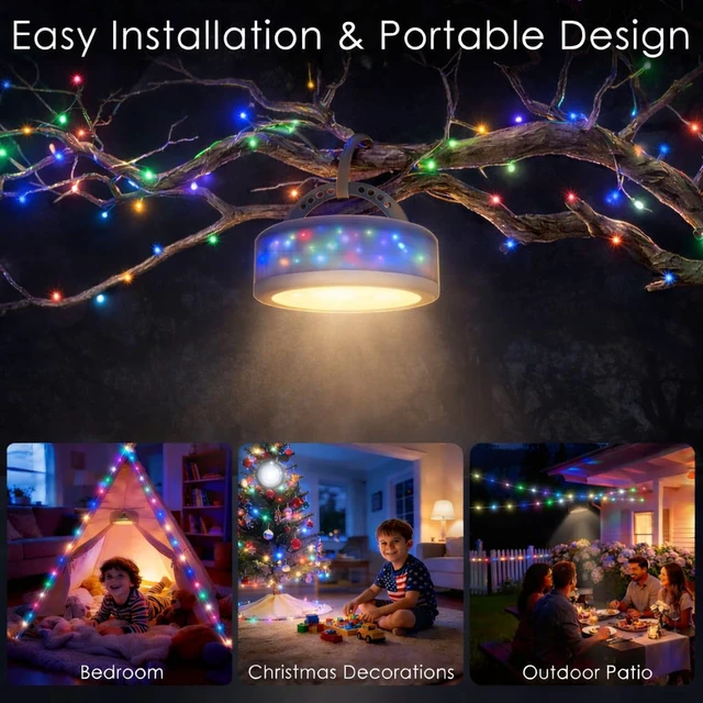 Alt view image 7 of 7 - 4 in 1 Solar Camping String Lights, 5200mAh 33FT RGB Fairy String Light, Waterproof Hanging String Lights with 9 Lighting Modes, USB-C Rechargeable Tent Lantern, Camping Essentials