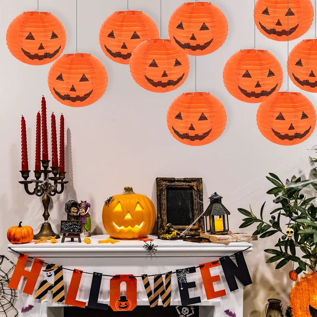 Alt view image 2 of 6 - 10 PCS Halloween Paper Pumpkin Lanterns Jack-O-Lanterns, 8 Inch, Halloween Hanging Party Decorations Outdoor Indoor