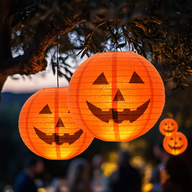 Alt view image 3 of 6 - 10 PCS Halloween Paper Pumpkin Lanterns Jack-O-Lanterns, 8 Inch, Halloween Hanging Party Decorations Outdoor Indoor