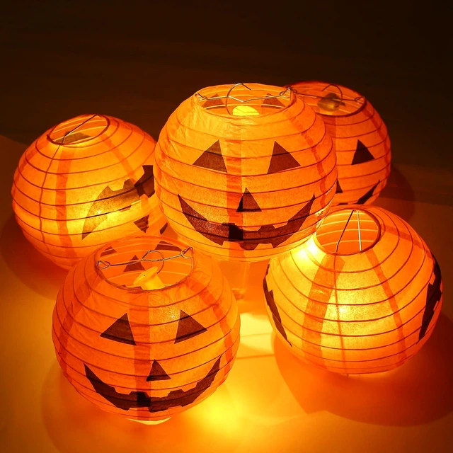 Alt view image 4 of 6 - 10 PCS Halloween Paper Pumpkin Lanterns Jack-O-Lanterns, 8 Inch, Halloween Hanging Party Decorations Outdoor Indoor